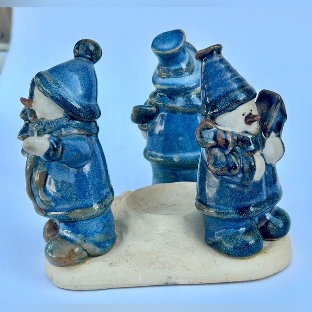 Vintage Christmas Decor Accents Blue Stoneware Snowman Candle Holder Festive Art - Picture 14 of 15